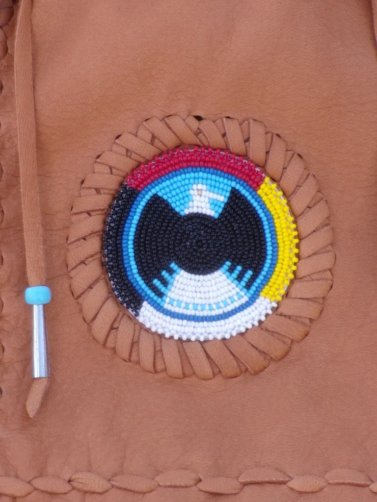 Fringed medicine bag , cedar bag , beaded eagle, 4 directions medicine wheel , made to order