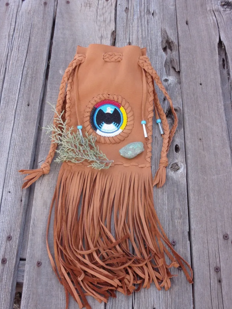 Fringed medicine bag , cedar bag , beaded eagle, 4 directions medicine wheel , made to order