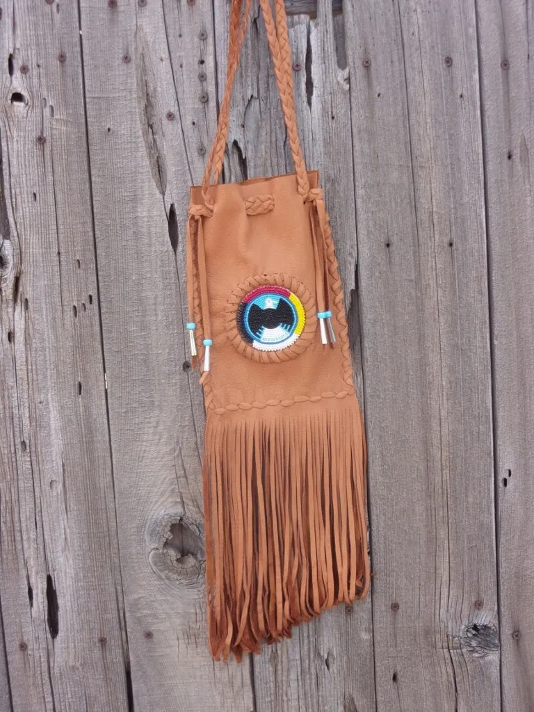 Fringed medicine bag , cedar bag , beaded eagle, 4 directions medicine wheel , made to order