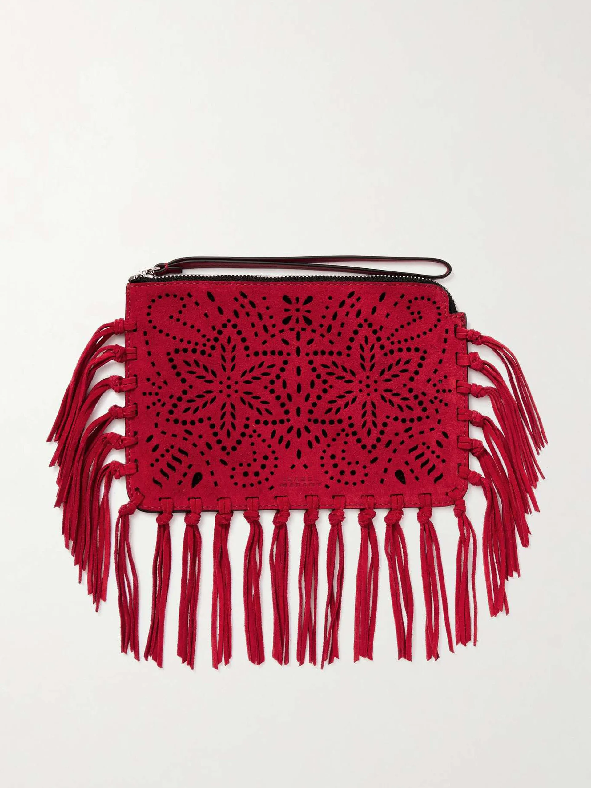 Fringed perforated suede clutch