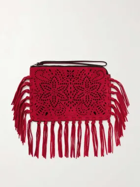 Fringed perforated suede clutch