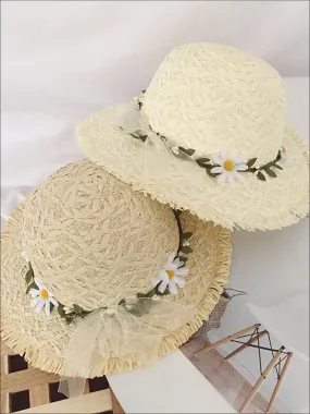 Girls Daisy Adorned Floppy Straw Hat