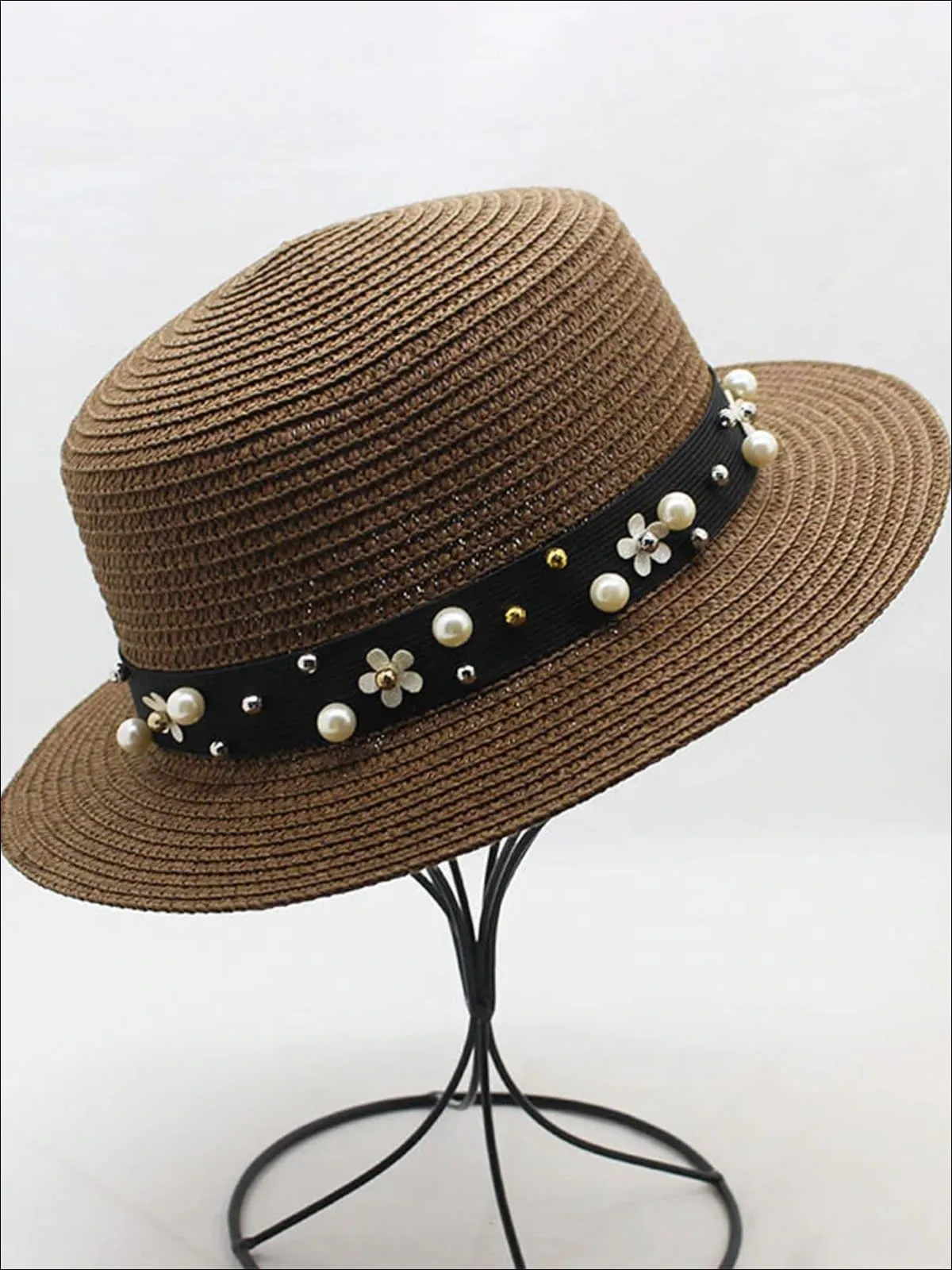 Girls Flower and Pearl Embellished Straw Hat