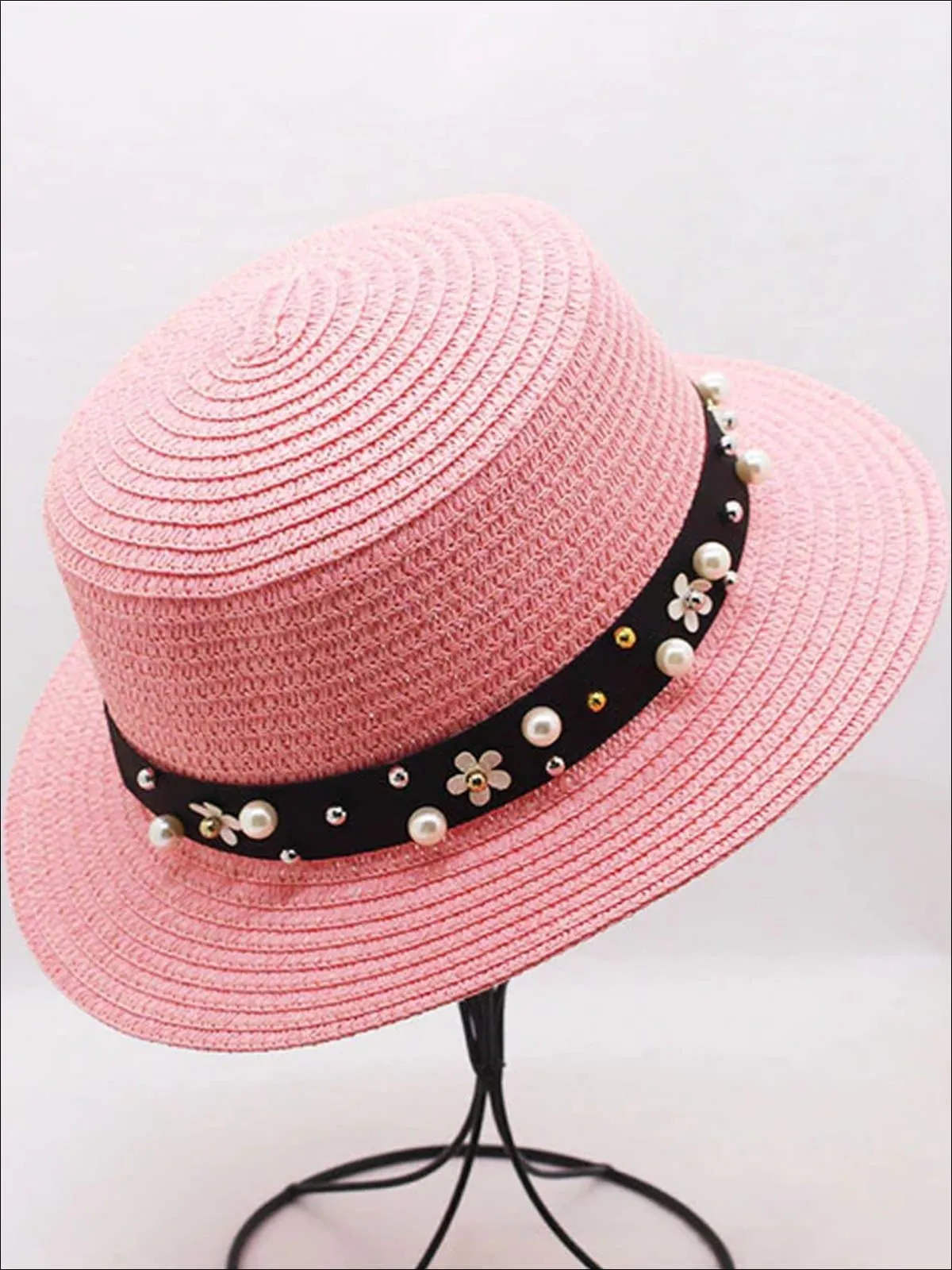 Girls Flower and Pearl Embellished Straw Hat