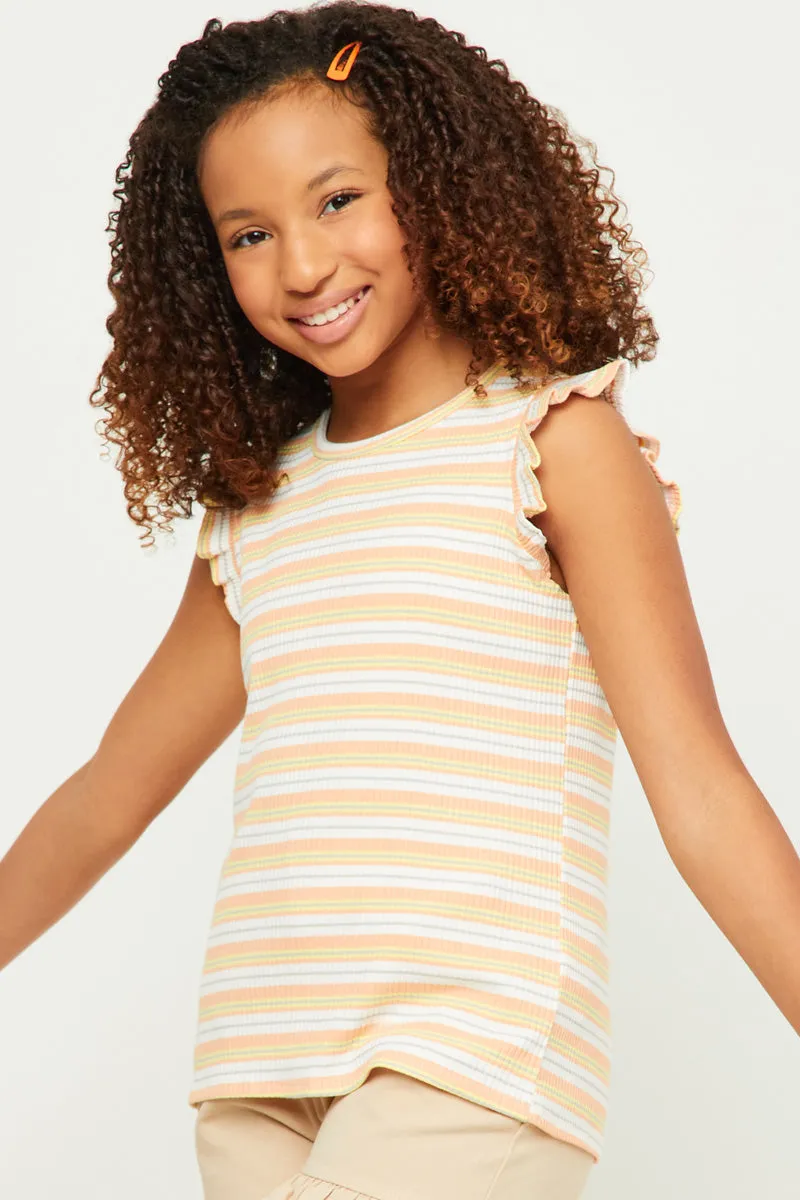 Girls Ribbed Knit Multi Stripe Ruffled Tank