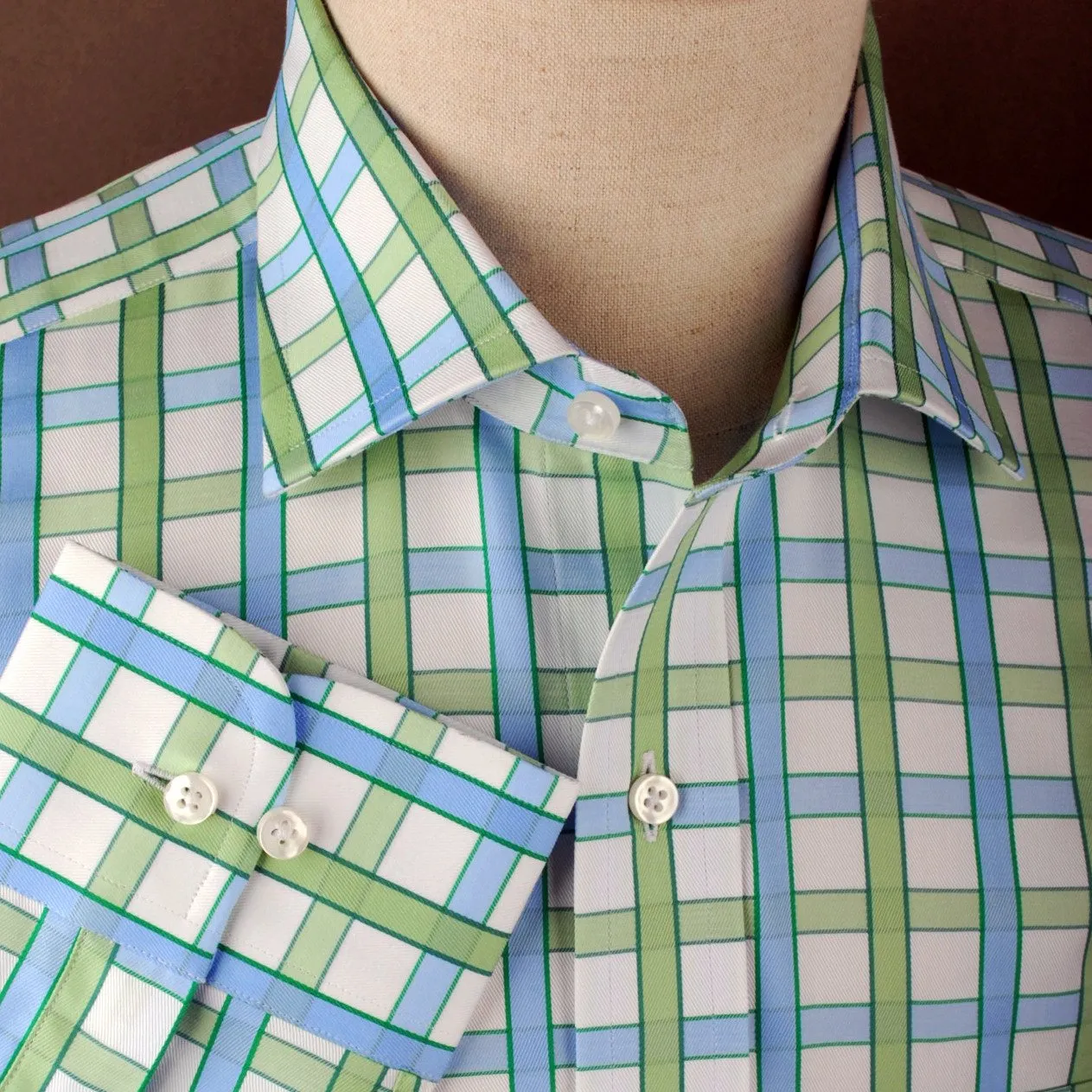 Green Blue Herringbone Twill Checkered Striped Formal Business Dress Shirt Luxury Design