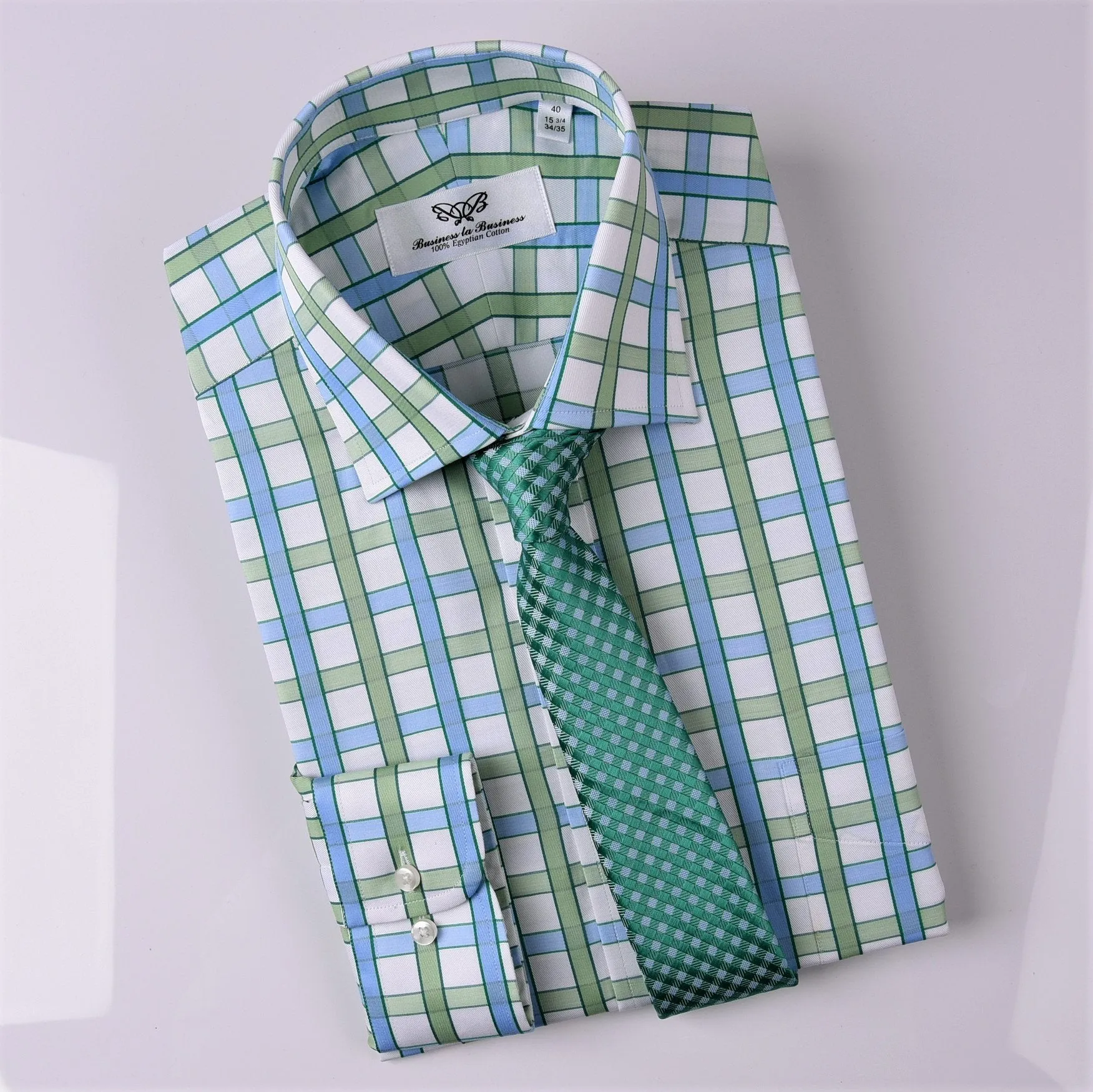 Green Blue Herringbone Twill Checkered Striped Formal Business Dress Shirt Luxury Design