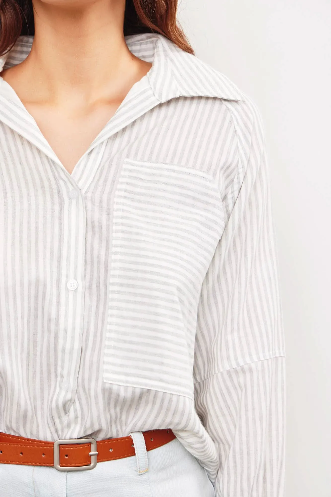 Grey Striped Patch Big Pocket Shirt