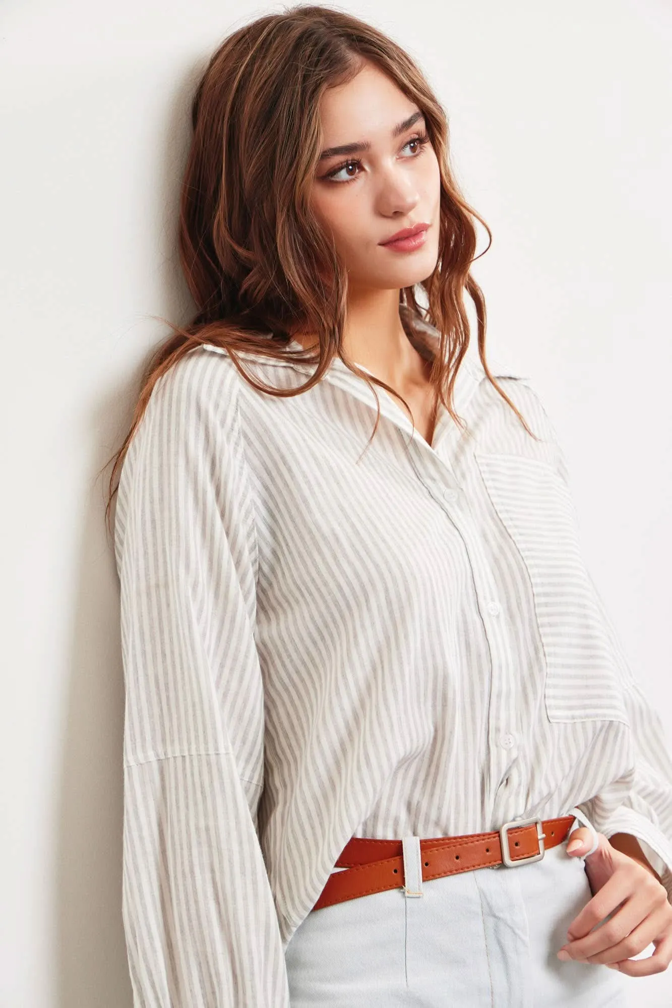 Grey Striped Patch Big Pocket Shirt