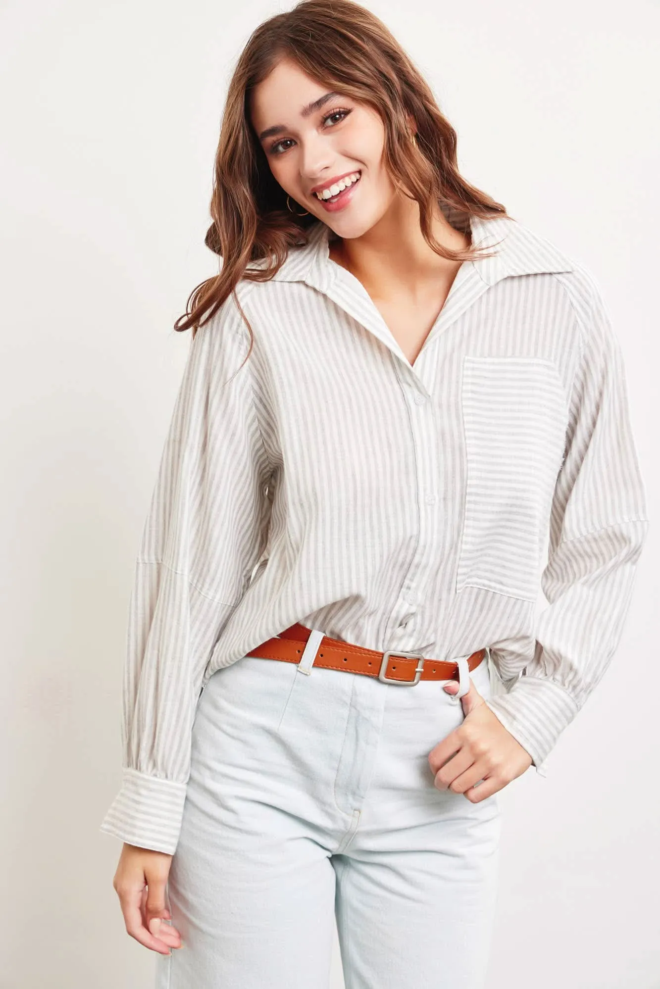 Grey Striped Patch Big Pocket Shirt