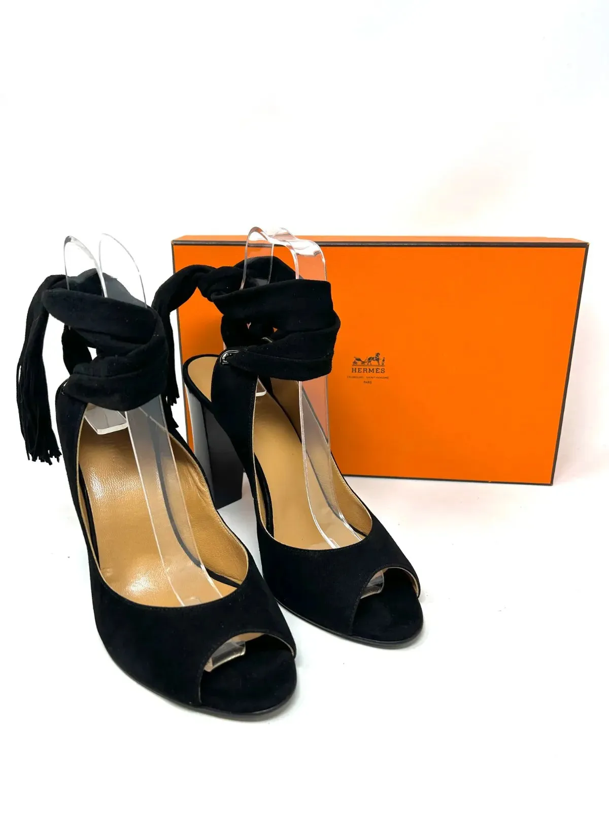 Hermes Black Suede Sandals With Tie Detail 40.5 UK 7.5