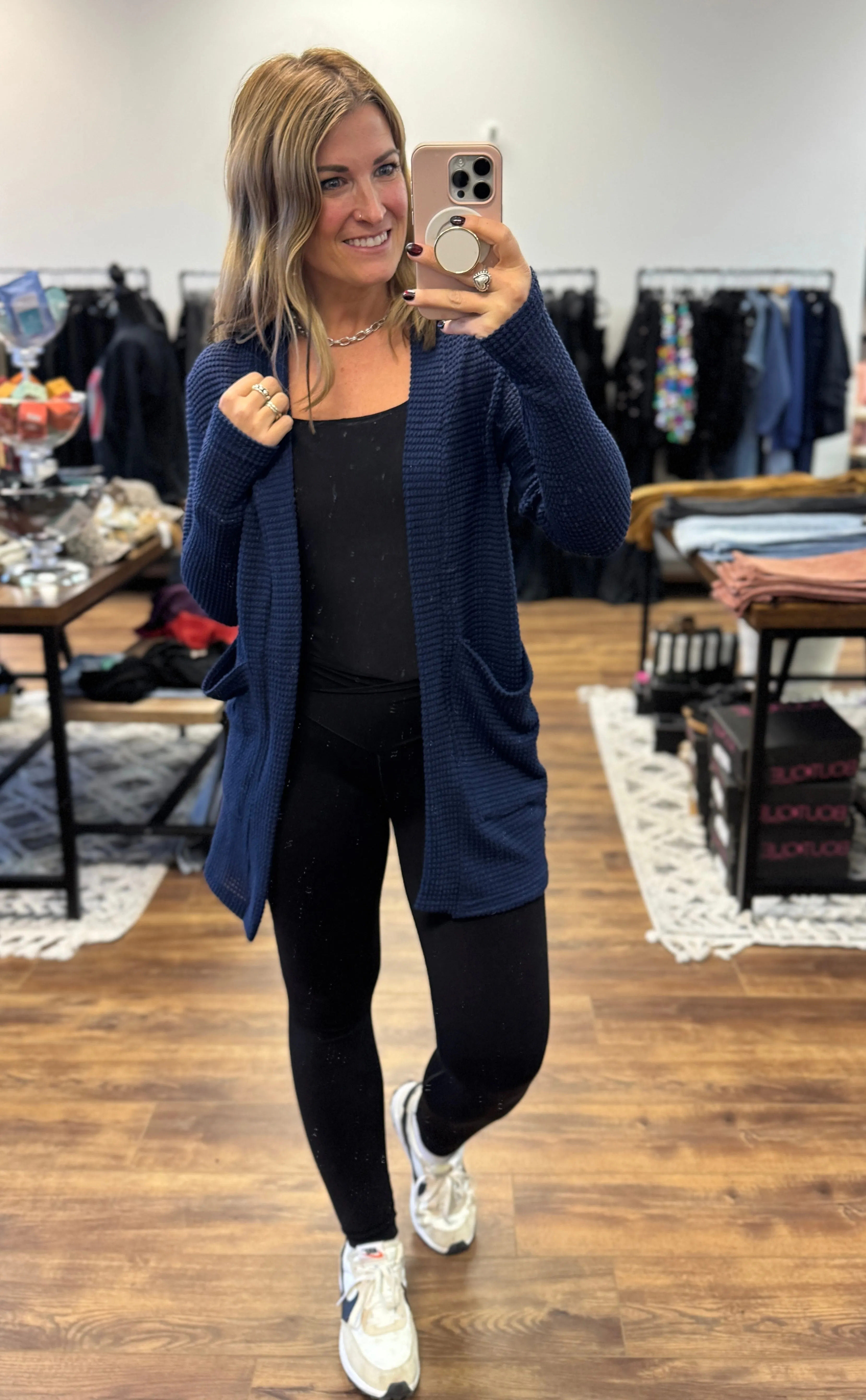 Lola Waffle Knit Cardigan with Thumbholes - Navy