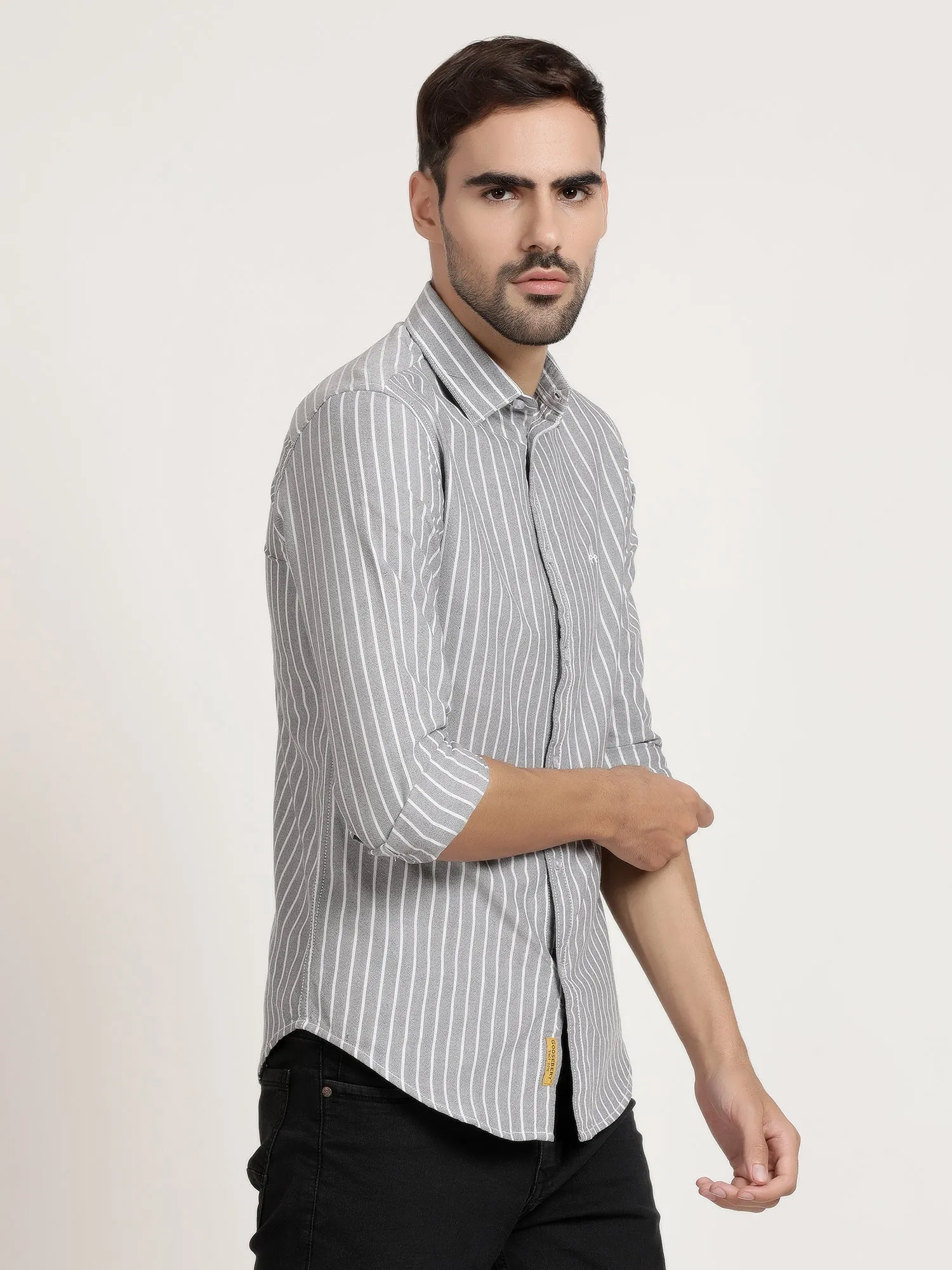 Men Grey Striped Casual Shirt (GBRJ6007)