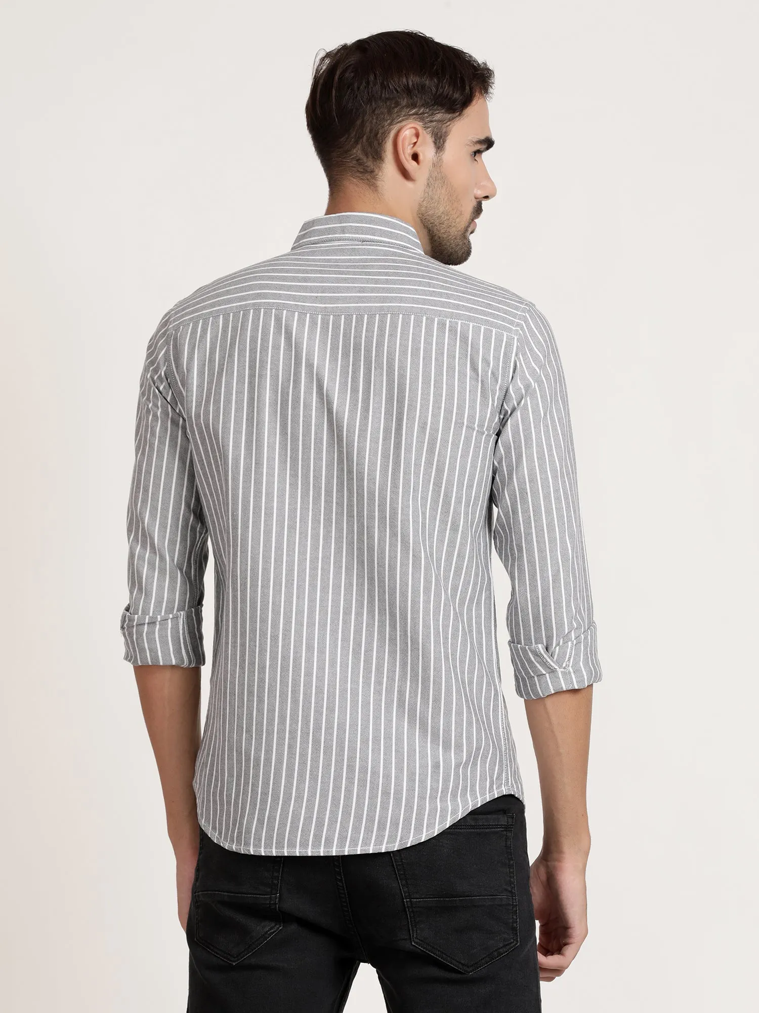 Men Grey Striped Casual Shirt (GBRJ6007)