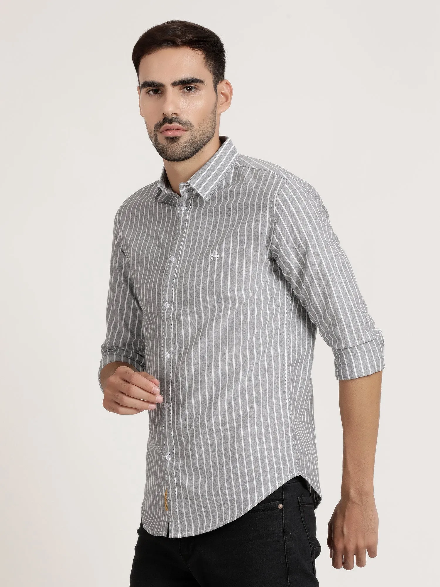 Men Grey Striped Casual Shirt (GBRJ6007)