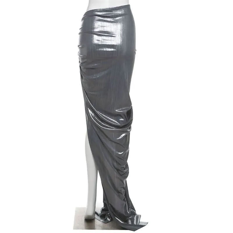 Metallic slit ruched maxi skirt