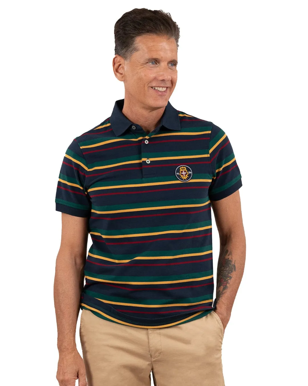 Navy Club Stripe Polo Shirt With Badge