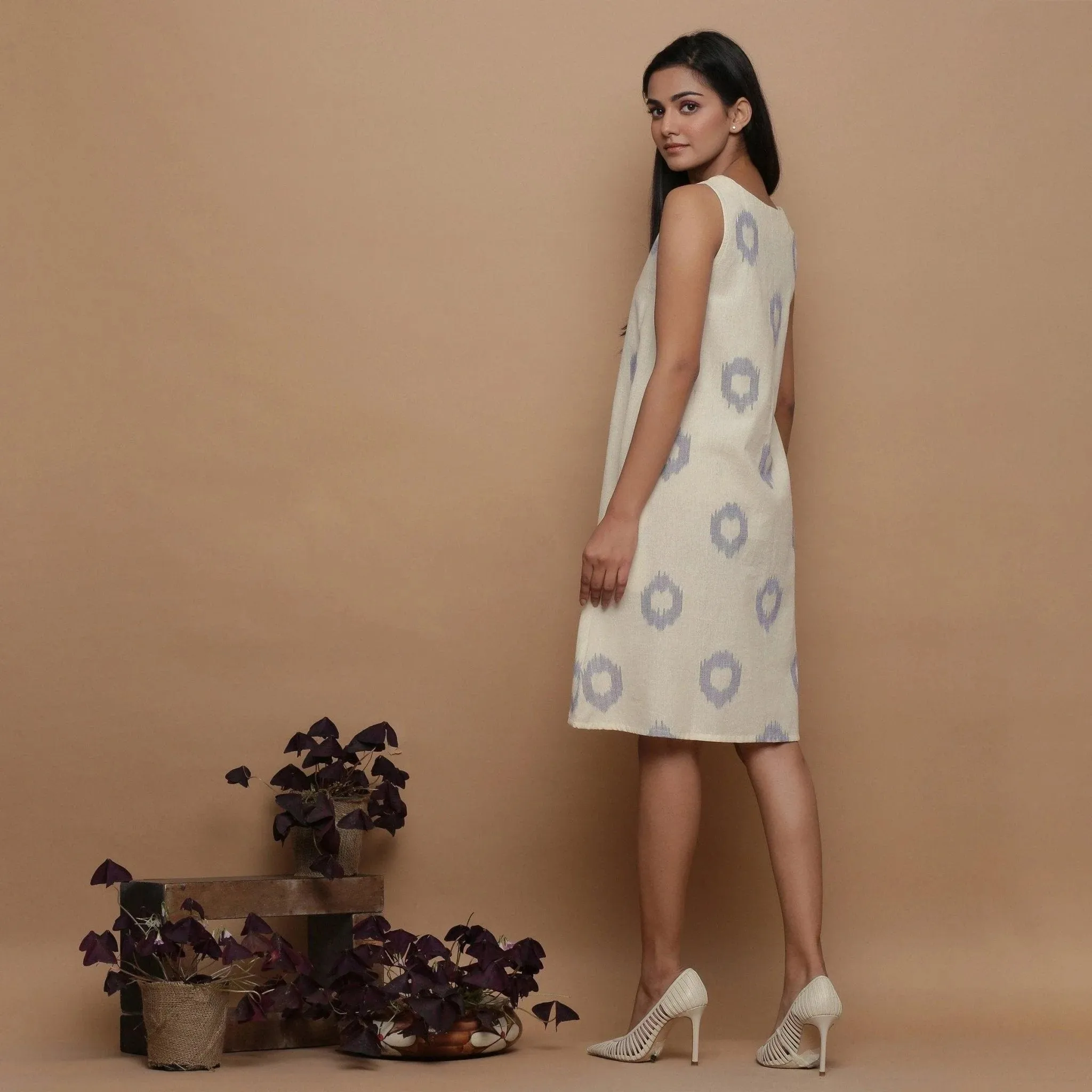 Off-White Handwoven Ikat Cotton Sleeveless Knee Length Dress