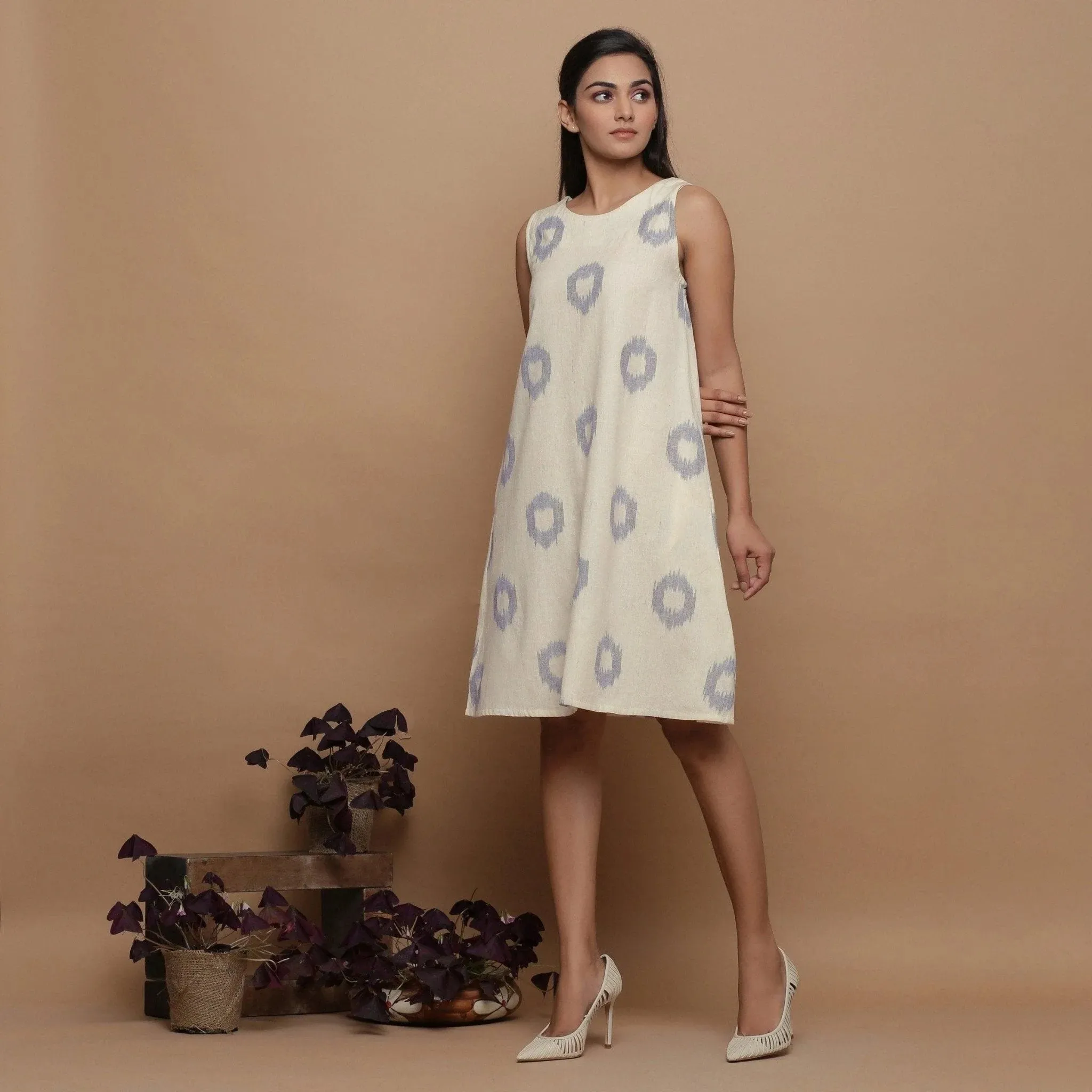 Off-White Handwoven Ikat Cotton Sleeveless Knee Length Dress