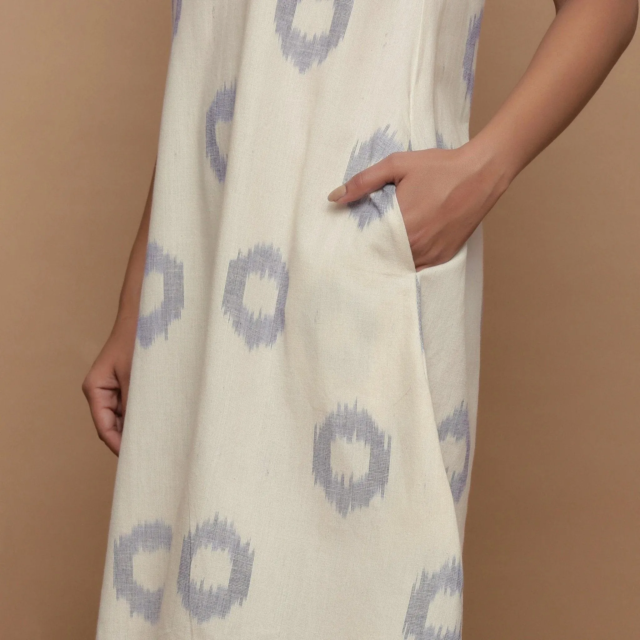 Off-White Handwoven Ikat Cotton Sleeveless Knee Length Dress