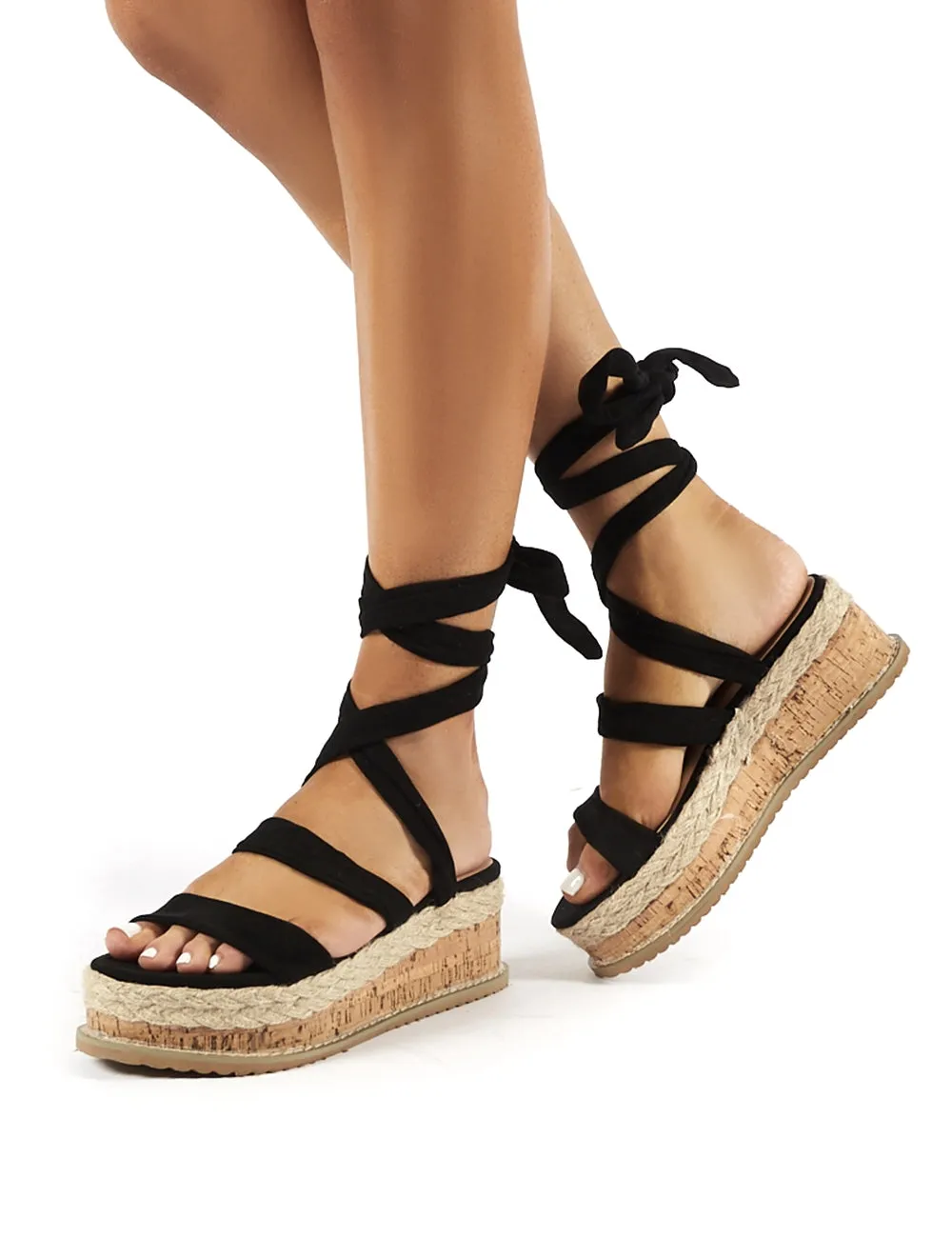 Presca Black Faux Suede Lace Up Sandals