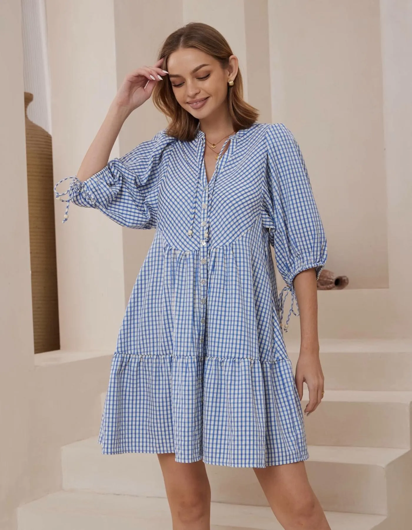 Roya Button Front V Neck Dress in Blue Check