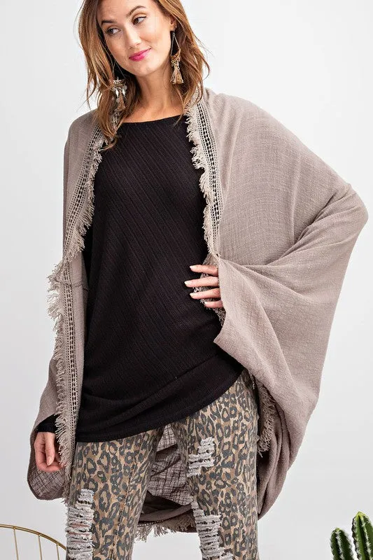 Slouchy Lightweight Cardigan with Fringe Detail in Mushroom in S-L