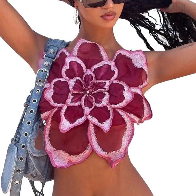 Vevesc 3D Lace Flower Crop Tops Women Sleeveless Short Vest Elegant Fashion Strapless Tube Bandeau Vest High Street Backless Clothes