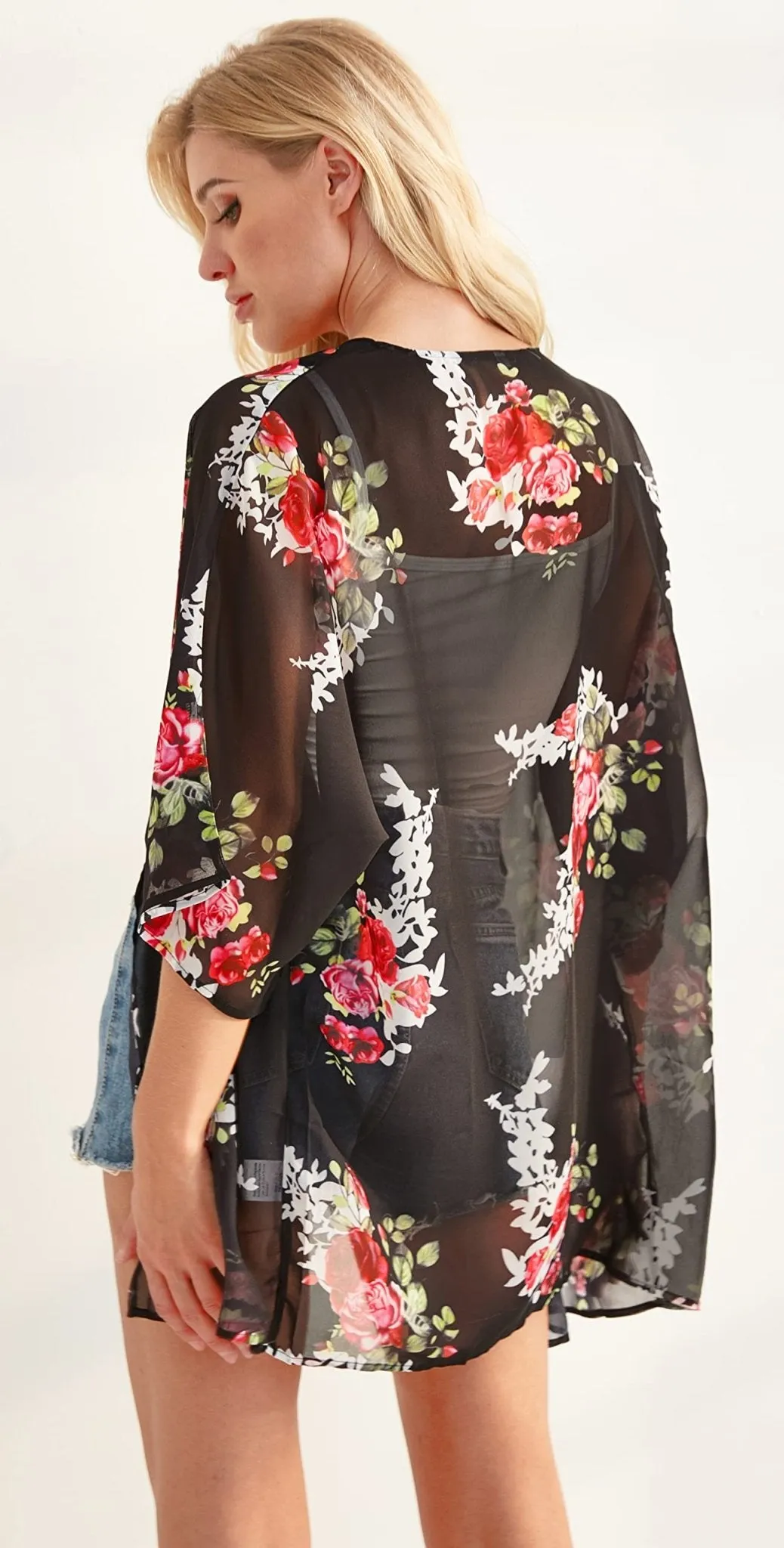 Women's Floral Print Short Sleeve Shawl Chiffon Kimono Cardigan Casual Blouse Tops(Black L)