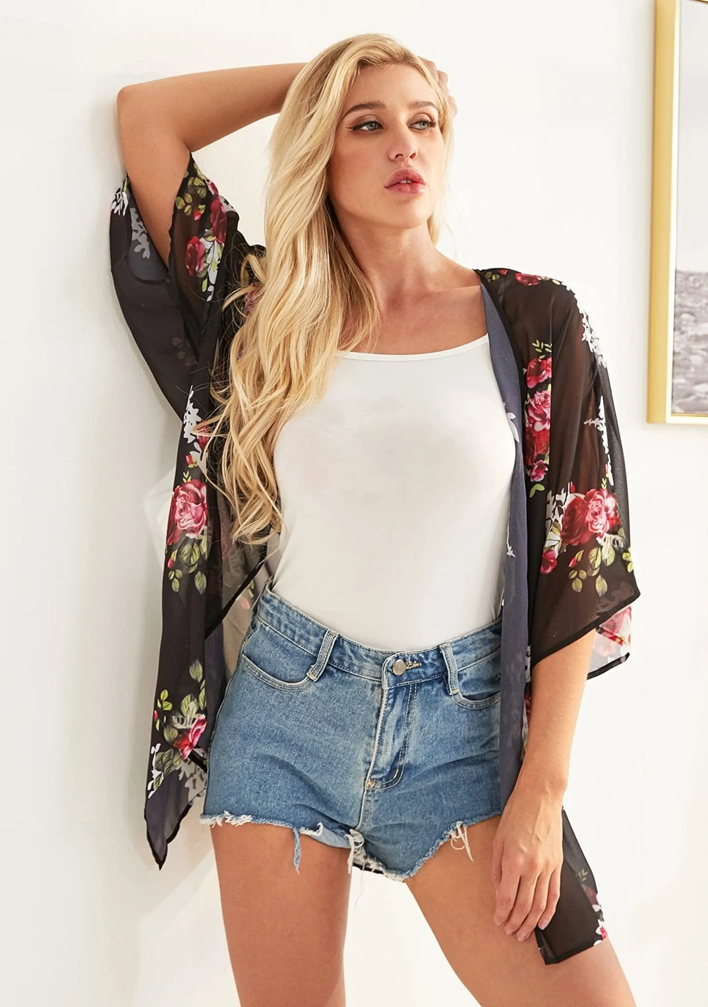 Women's Floral Print Short Sleeve Shawl Chiffon Kimono Cardigan Casual Blouse Tops(Black L)