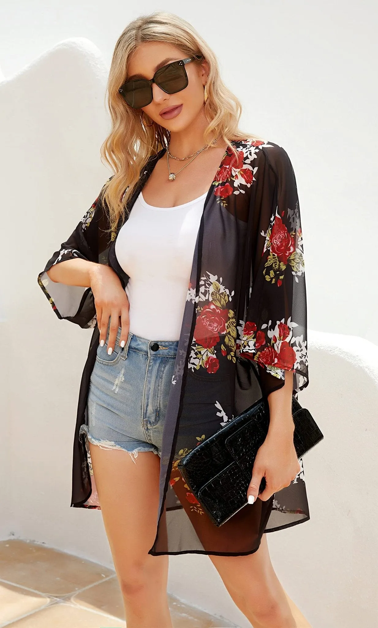 Women's Floral Print Short Sleeve Shawl Chiffon Kimono Cardigan Casual Blouse Tops(Black L)