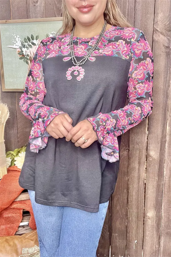 XCH14338 Paisley floral multi color printed black block long sleeve women tops